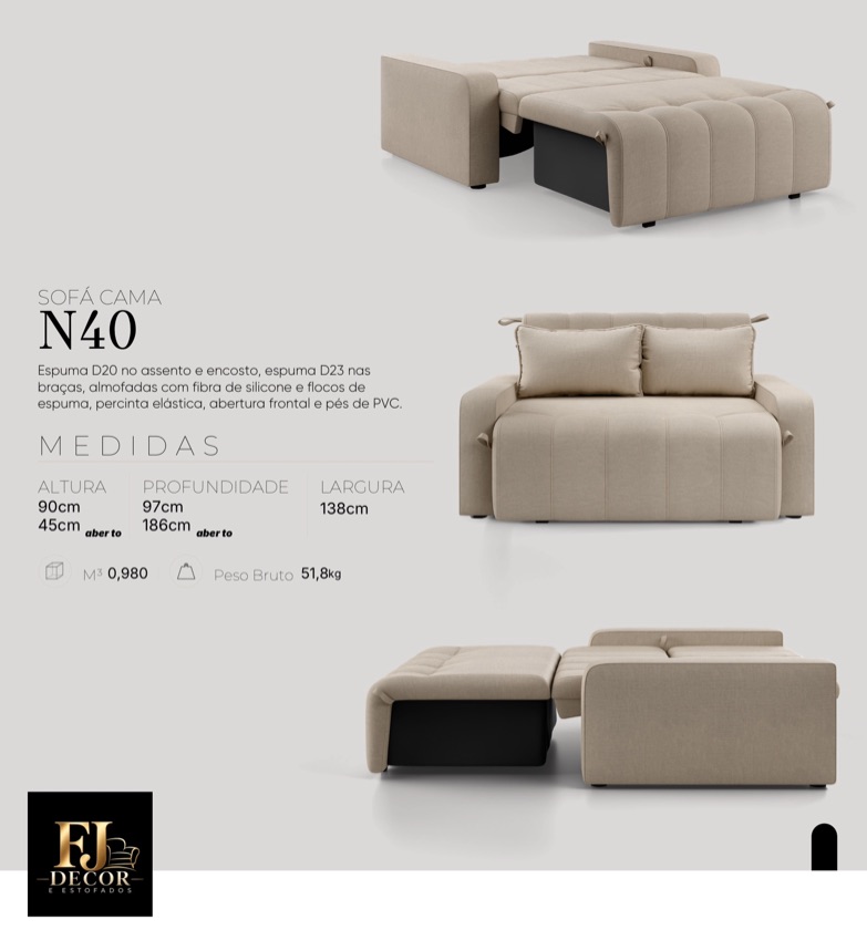 SOFÁ CAMA N40, Largura 1.38mts. - Showroom