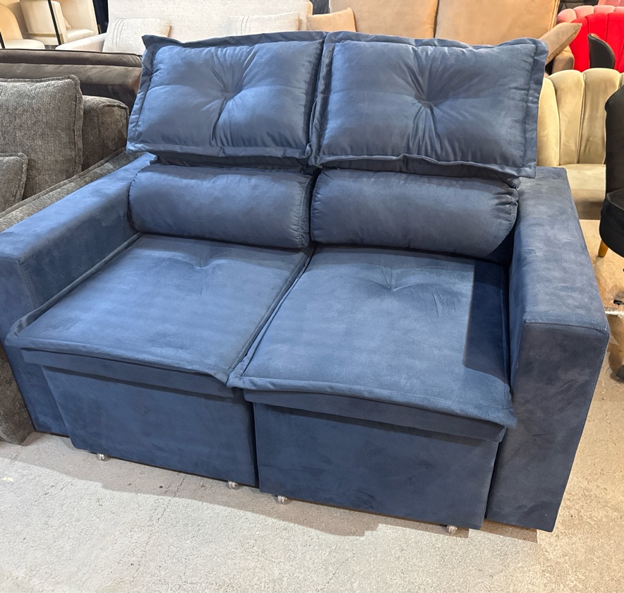 Sofá Baú Azul, Reclinável e Retrátil, 1,50mts - Showroom