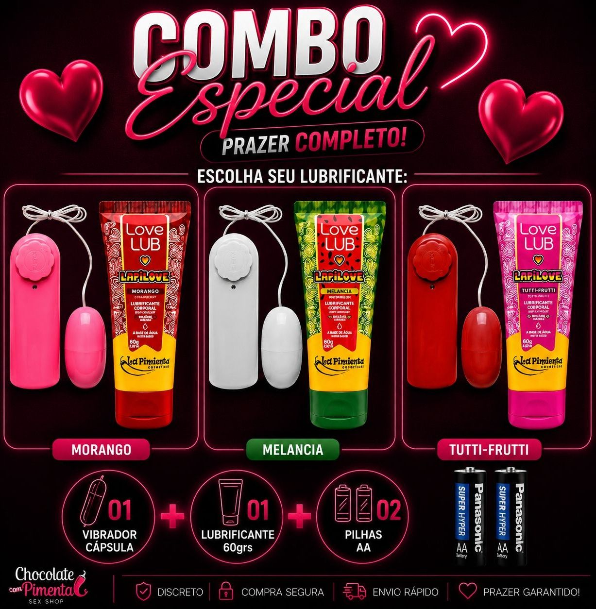 01 Vibrador Cápsula + 01 Lubrificante 60grs + 02 Pilhas