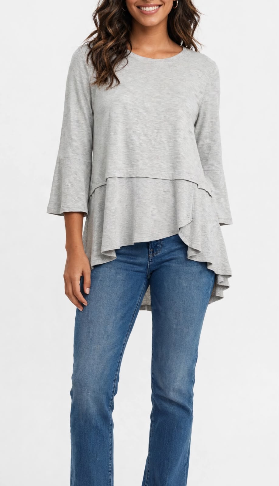 Blusa Gris de Manga Larga con Volantes Talla L