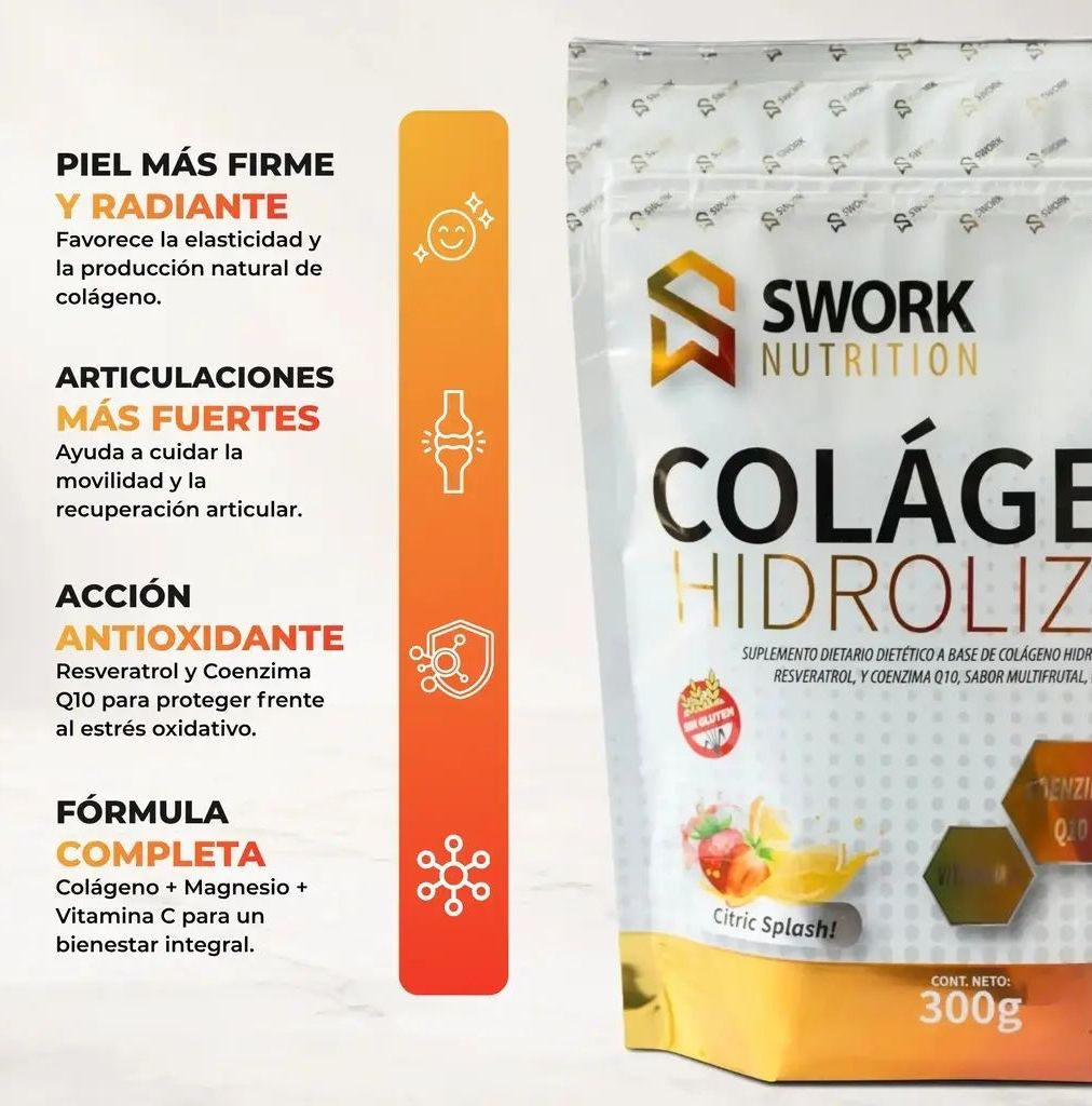 COLAGENO BEBIBLE HIDROLIZADO CON RESVERATROL + VITAMINA C + Q10 300 GRS SWORK NUTRITION COLÁGENO