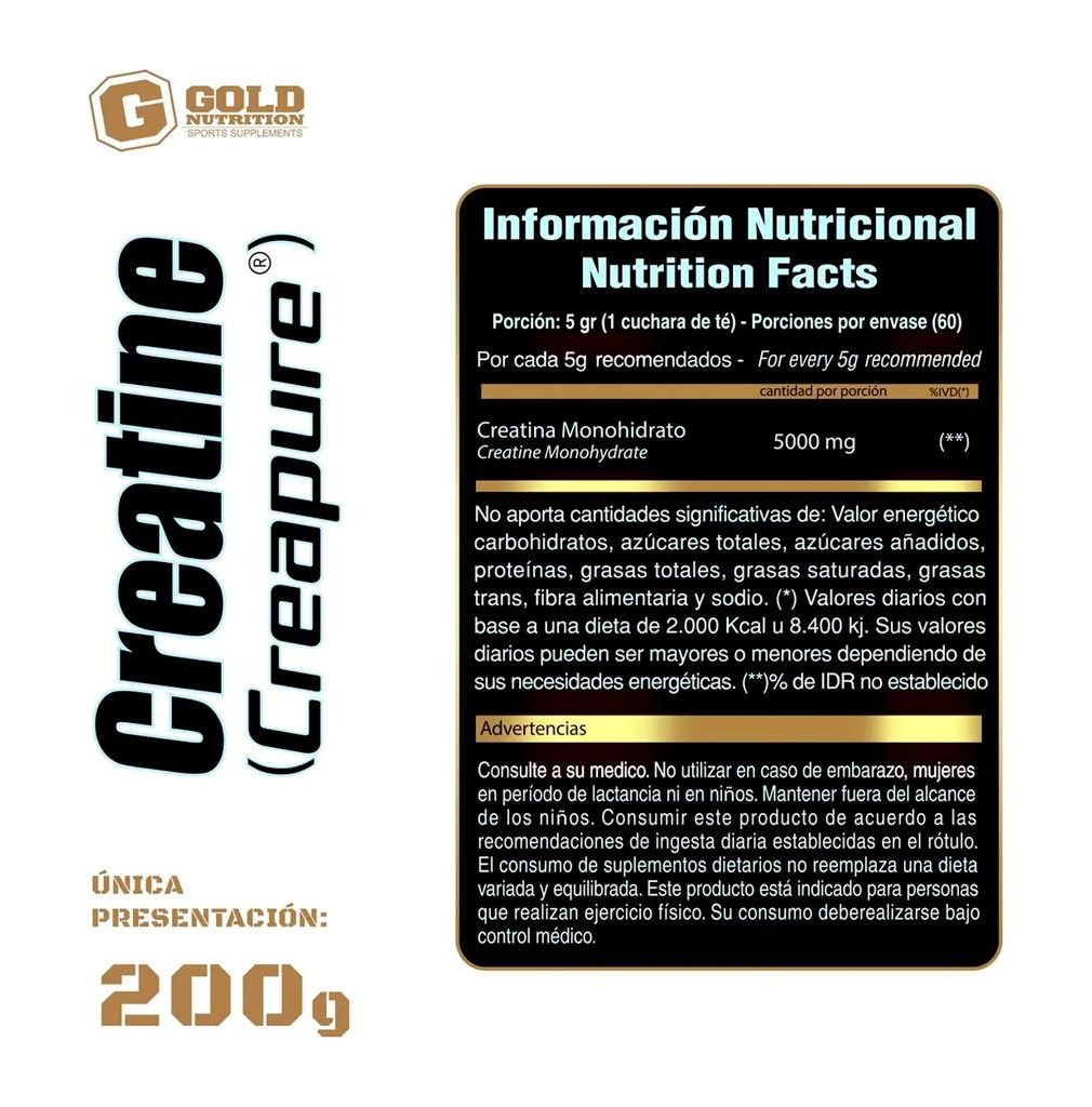 Creatina Monohidrato Creapure x 200g Gold Nutrition