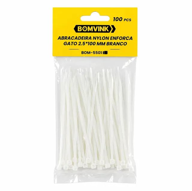 Abraçadeira Nylon 2.5x100mm Bomvink 5501 Branca Kit 100 Peças Alta Resistência pode retira