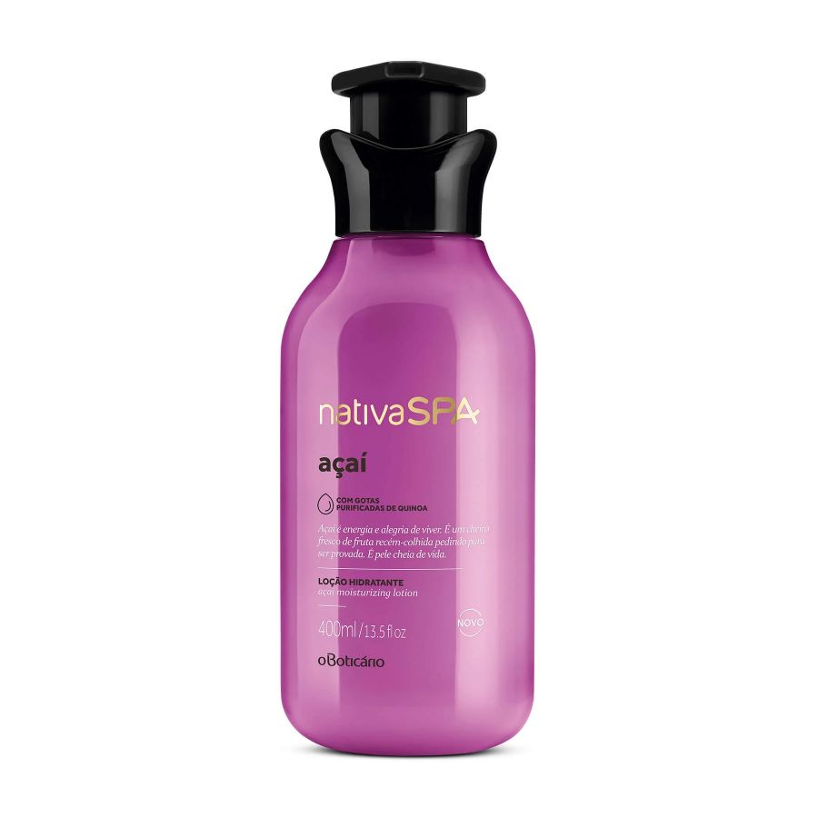 LOCIÓN HIDRATANTE CORPORAL AÇAÍ 400ML — NATIVA SPA Microcápsulas de fragancia frutal que estallan durante el día, quinoa que estimula el colágeno y 30 horas de hidratación que transforman la piel