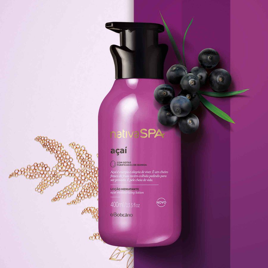 LOCIÓN HIDRATANTE CORPORAL AÇAÍ 400ML — NATIVA SPA Microcápsulas de fragancia frutal que estallan durante el día, quinoa que estimula el colágeno y 30 horas de hidratación que transforman la piel