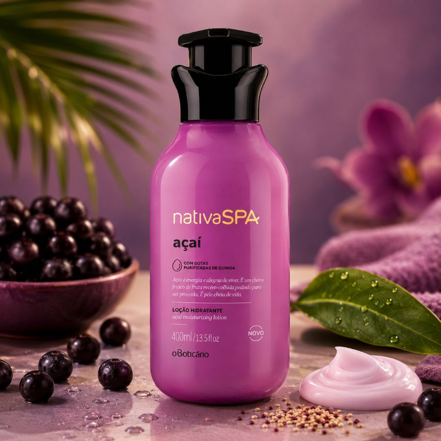 LOCIÓN HIDRATANTE CORPORAL AÇAÍ 400ML — NATIVA SPA Microcápsulas de fragancia frutal que estallan durante el día, quinoa que estimula el colágeno y 30 horas de hidratación que transforman la piel