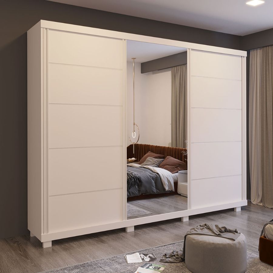 Guarda Roupa Casal Anna Euro 100% MDF, com Espelho, 3 portas de correr, 4 gavetas | Bom Pastor