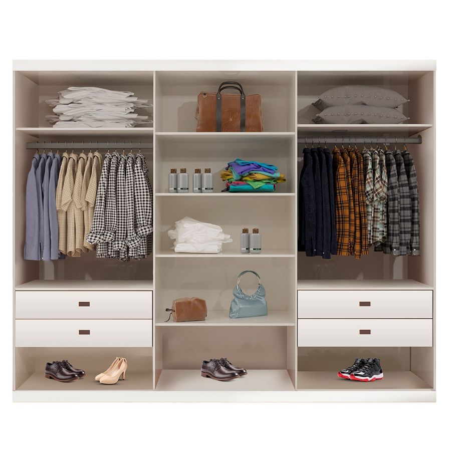 Guarda Roupa Casal Anna Euro 100% MDF, com Espelho, 3 portas de correr, 4 gavetas | Bom Pastor