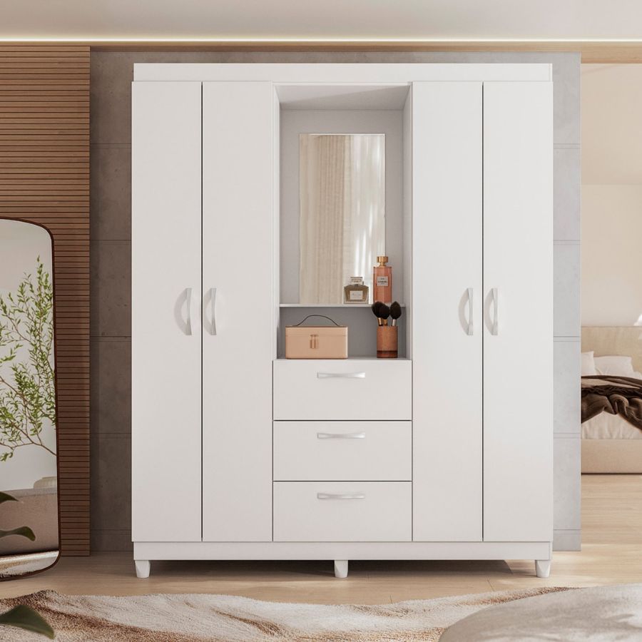 Guarda Roupa Capelinha Clapton com Espelho, 4 Portas, 3 gavetas| Caemmun
