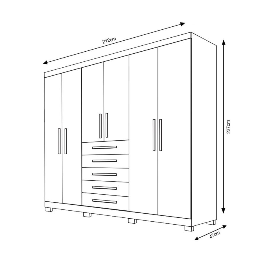 Guarda Roupa Casal Clara 6 Portas, 5 Gavetas, Espelho Externo, Estrutura em MDF - Bianchi
