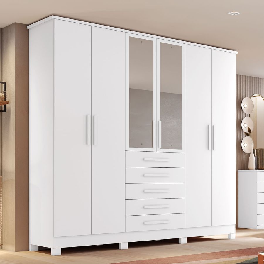 Guarda Roupa Casal Clara 6 Portas, 5 Gavetas, Espelho Externo, Estrutura em MDF - Bianchi