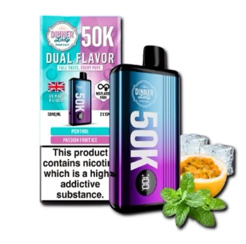 DINNER LADY DUAL FLAVOR MENTHOL E PASSION FRUIT ICE ICE 50000 PUFFS