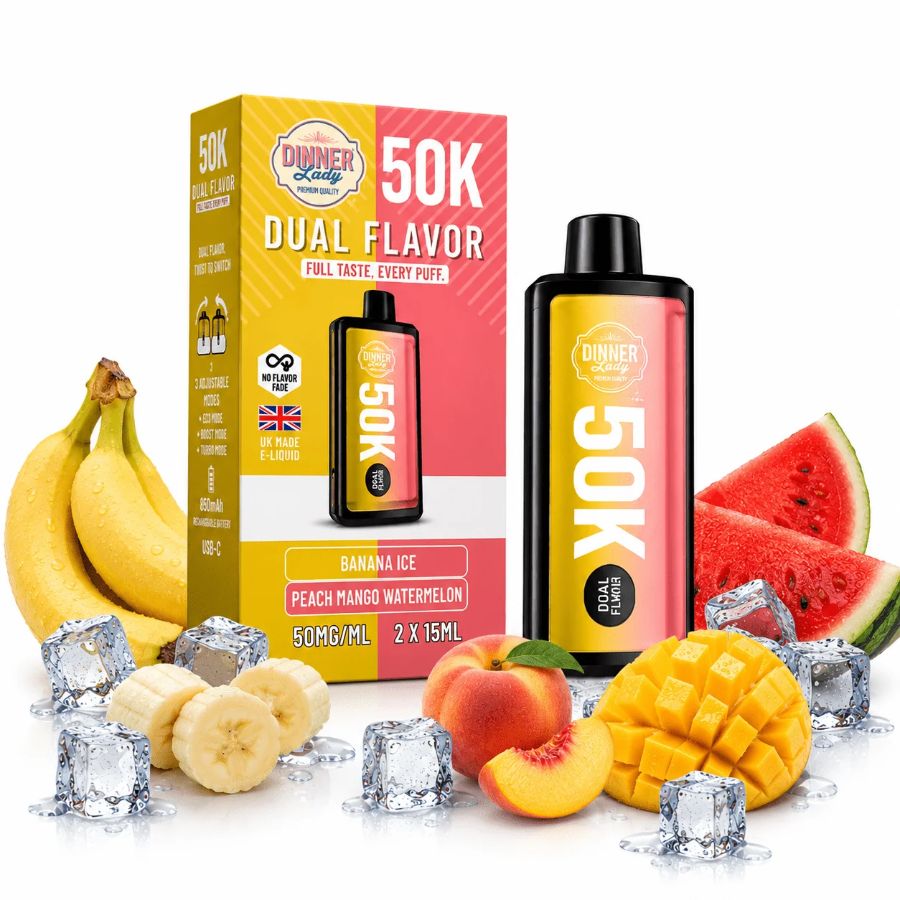 DINNER LADY DUAL FLAVOR BANANA ICE E PEACH MANGO WATERMELON 50000 PUFFS