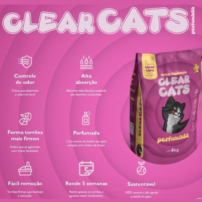 Areia Higiênica Sanitária Grossa Perfumada para Gatos Clear Cats 4kg