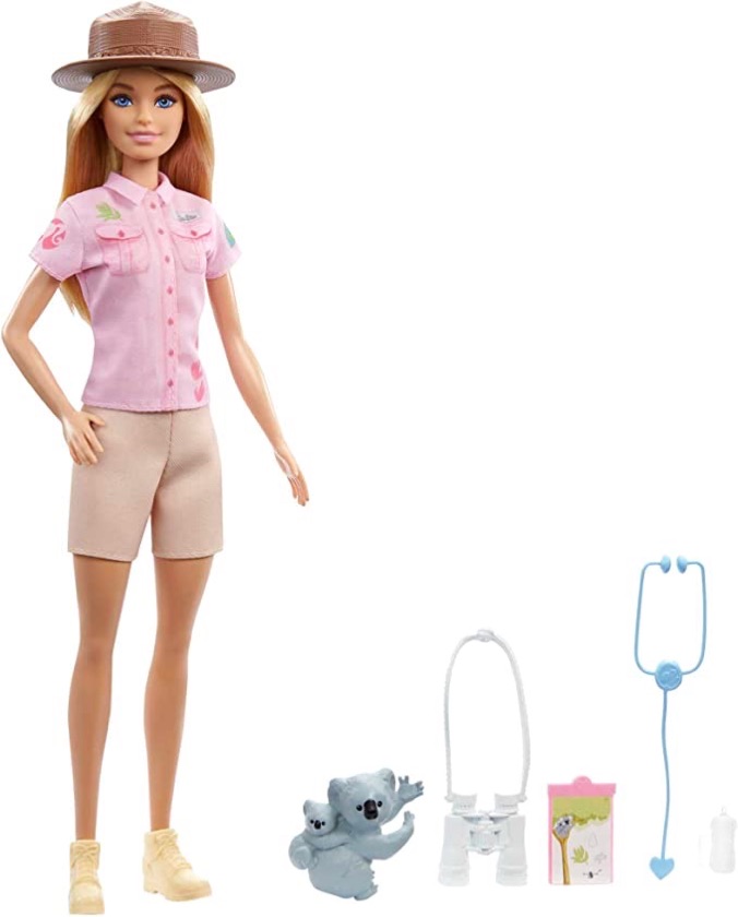 Barbie Muñeca zoóloga, ropa de juego de rol y accesorios: figura de koala y bebé, biberón, estetoscopio, prismáticos
