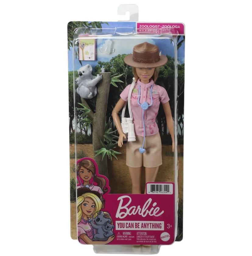 Barbie Muñeca zoóloga, ropa de juego de rol y accesorios: figura de koala y bebé, biberón, estetoscopio, prismáticos