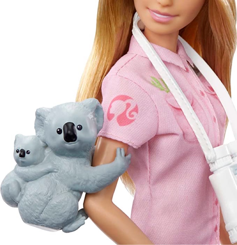Barbie Muñeca zoóloga, ropa de juego de rol y accesorios: figura de koala y bebé, biberón, estetoscopio, prismáticos