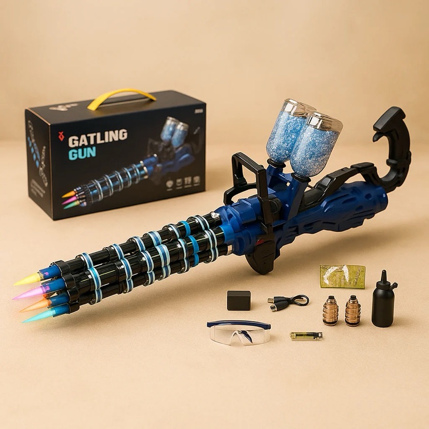 Ametralladora Gatling de juguete: cañones giratorios a pilas con luces y sonido