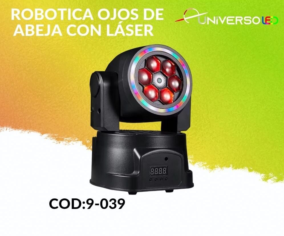 01.16. Luz Robótica Una Cara Ojo de Abeja 6 Lentes Bee Eye + Láser Central + Aro LED RGB