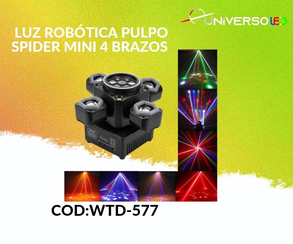 01.10. Luz Robótica Pulpo 4 Brazos Mini Centro Panal LED + Láser Multiefecto DMX