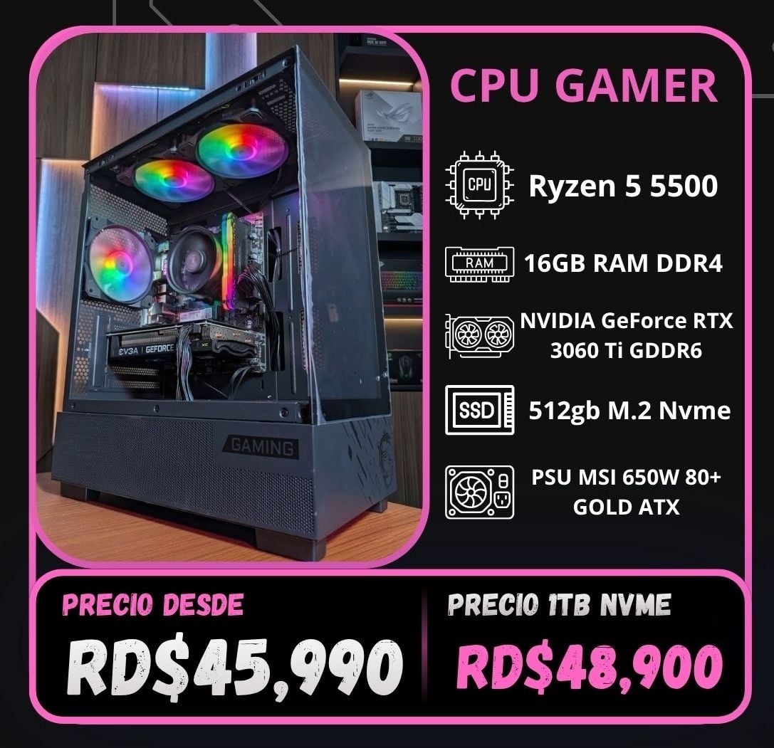 CPU Gamer Ryzen 5 5500, 16gb RAM, 512gb Nvme, RTX 3060 Ti, Win 11, MSi M110A