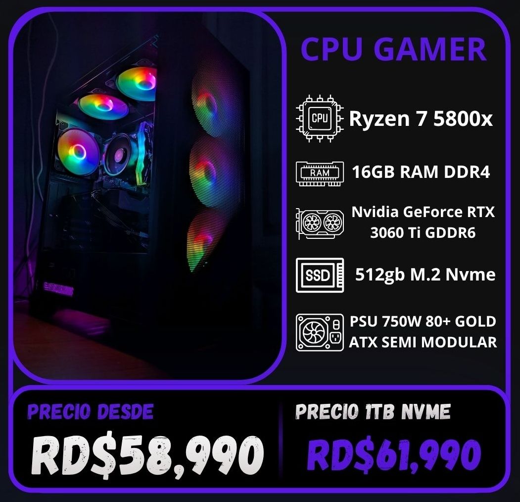 CPU Gamer Ryzen 7 5800x, 16gb RAM, 512gb Nvme, RTX 3060ti, MSI 120A