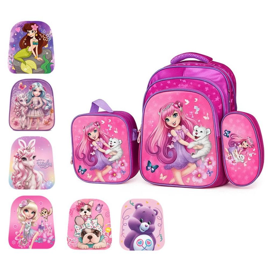 CX: 100 Kit Mochila Escolar Infantil Alto Relevo Com Lancheira E Estojo