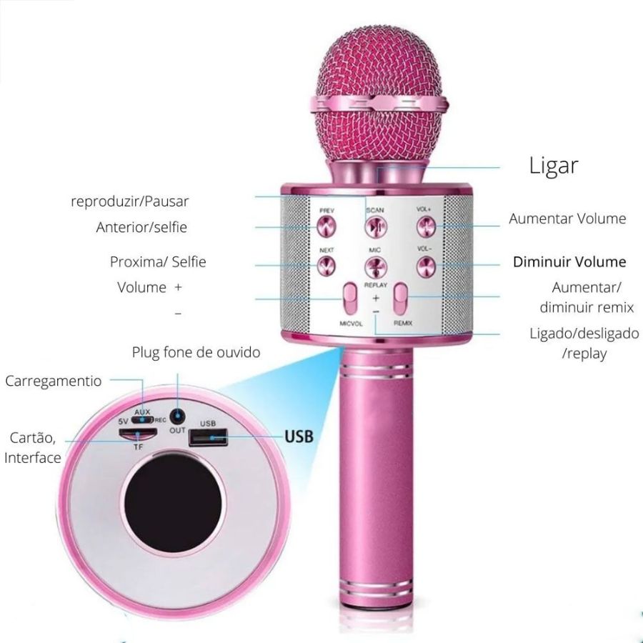 CX: 100 Microfone Musical Karaokê Infantil Sem Fio com Bluetooth e Alto Falante