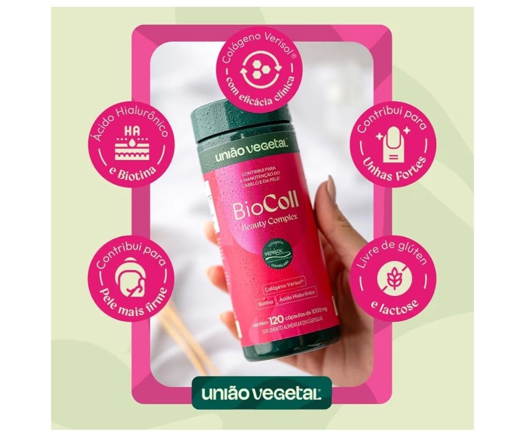 BioColl Beaulty Complex - Colágeno Verisol, Biotina, Ácido Hialurônico - União Vegetal - 120 cápsulas