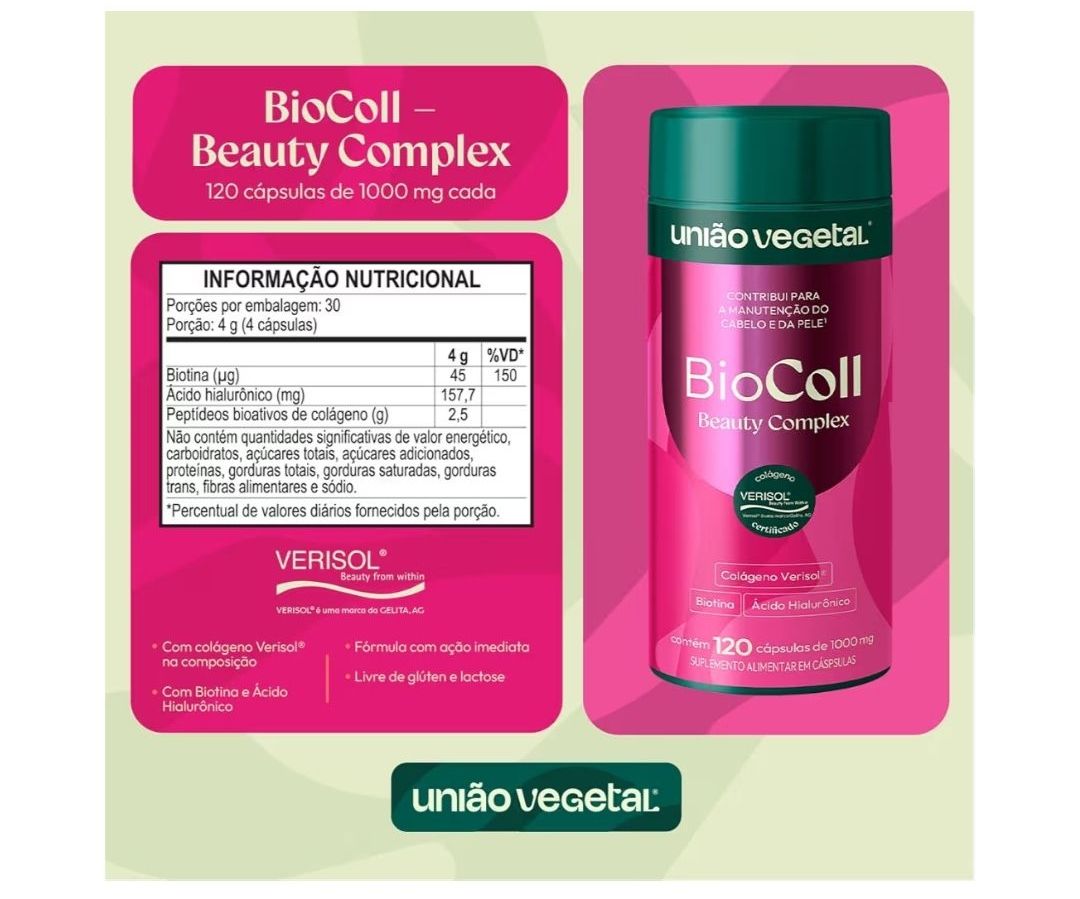 BioColl Beaulty Complex - Colágeno Verisol, Biotina, Ácido Hialurônico - União Vegetal - 120 cápsulas