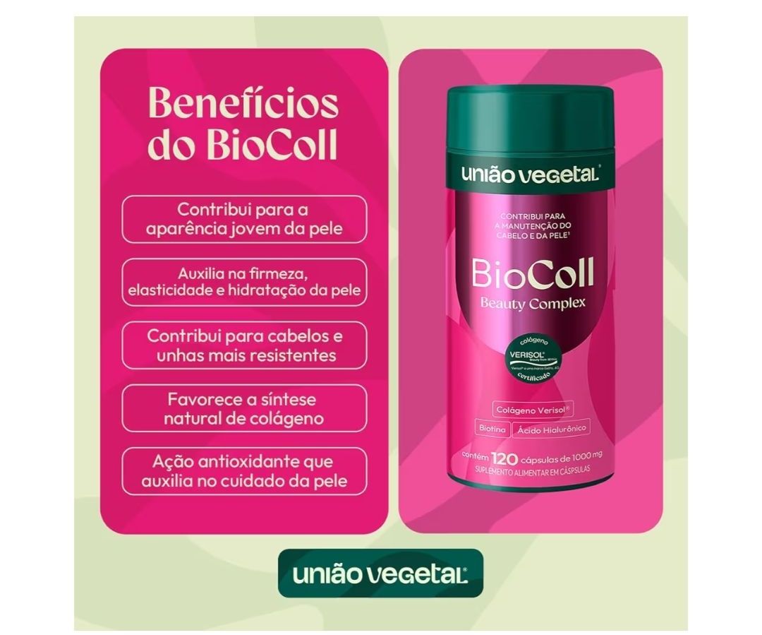 BioColl Beaulty Complex - Colágeno Verisol, Biotina, Ácido Hialurônico - União Vegetal - 120 cápsulas