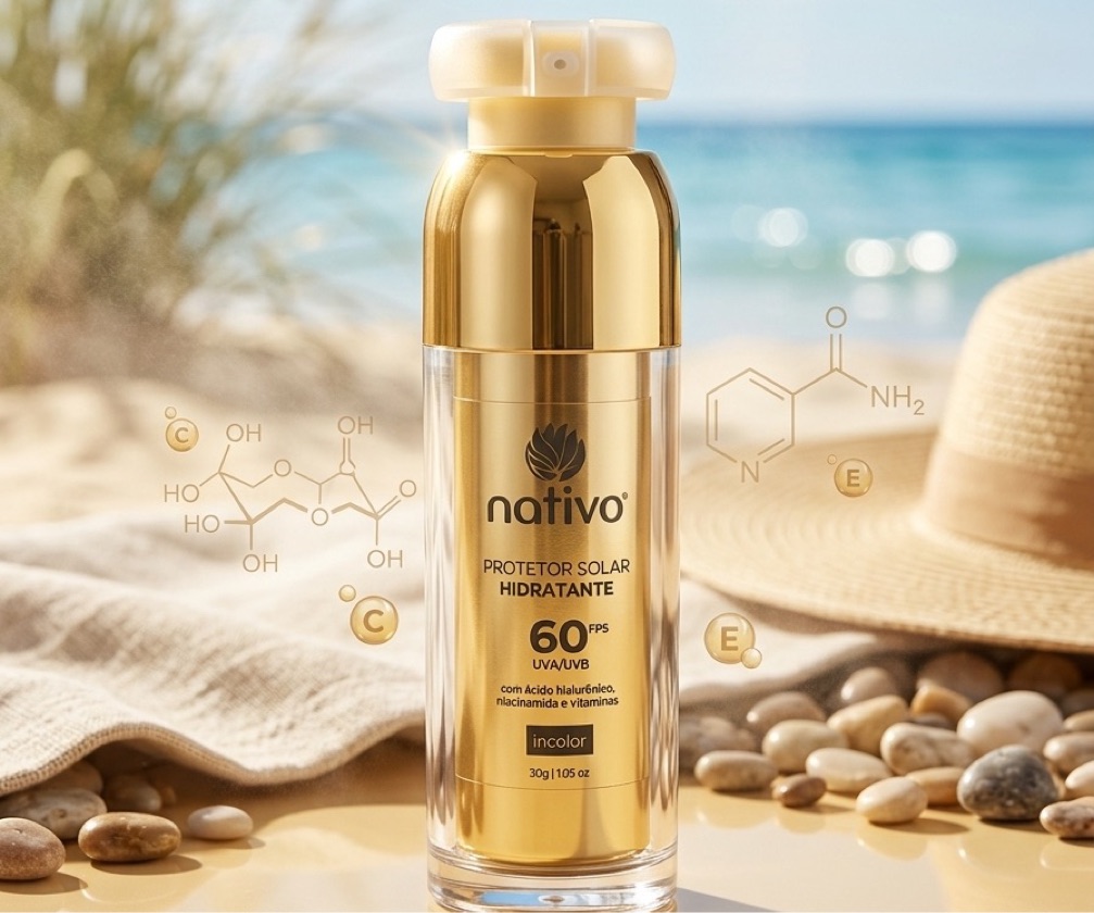 Protetor Solar Hidratante 60 FPS com Niacinamida, Ácido Hialurônico e Vitaminas - Toque Seco!