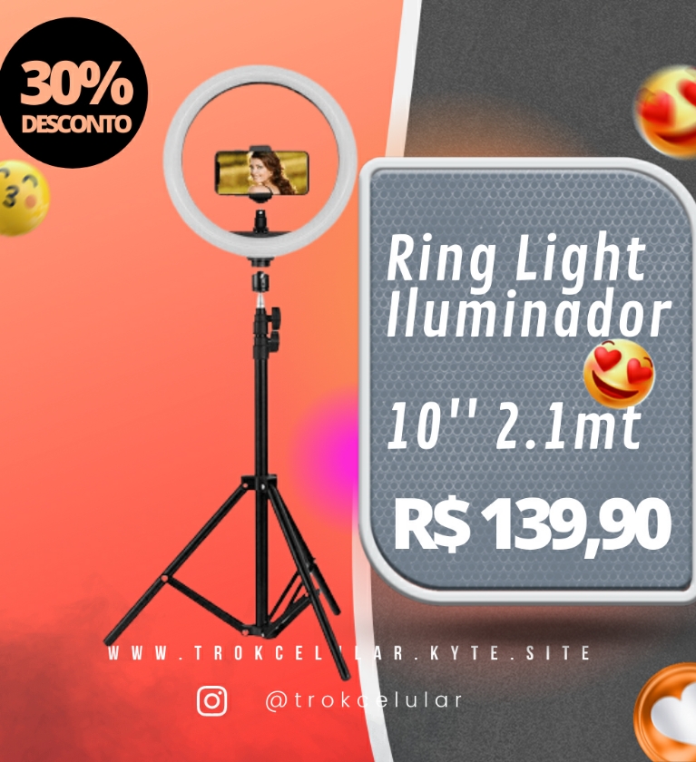Ring Light Iluminador 26cm com tripé 2,1mt