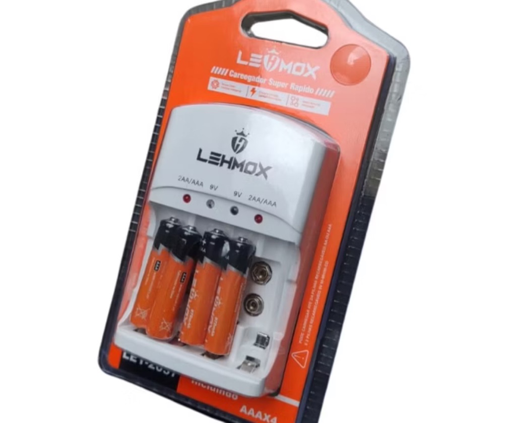 CARREGADOR COM 4 PILHAS AAA RECARREGÁVEIS LEHMOX LEY-2057
