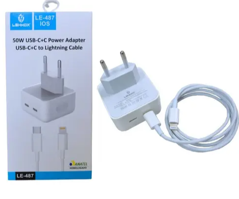 Carregador Celular Turbo Power 8a 50w C/2 Entrada Type C + Cabo 1m Iphone Lightning Le-487 Lehmox