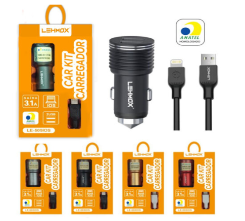Carregador Veicular de Celular IOS 3.1A 2 Portas USB e Cabo Lightning LEHMOX - LE-505IOS
