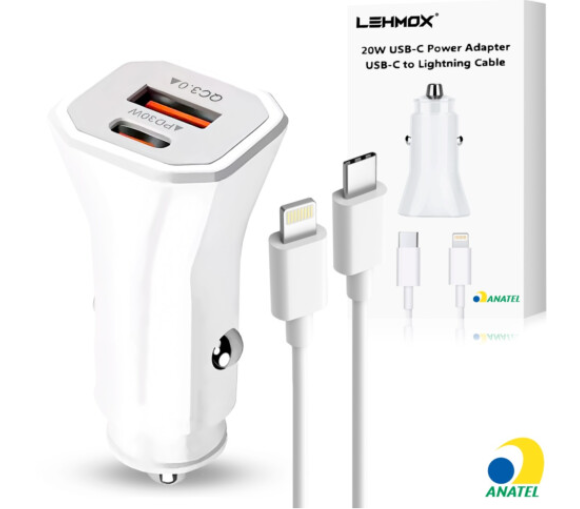 Carregador Veicular de Celular IOS USB + Type-C PD 20W com Cabo Lightning LEHMOX - LE-355 IOS