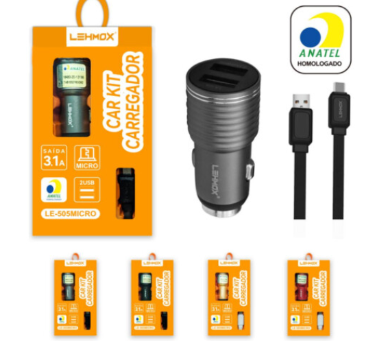 Carregador Veicular 3.1A 2 Portas USB e Cabo V8 LEHMOX - LE-505MICRO