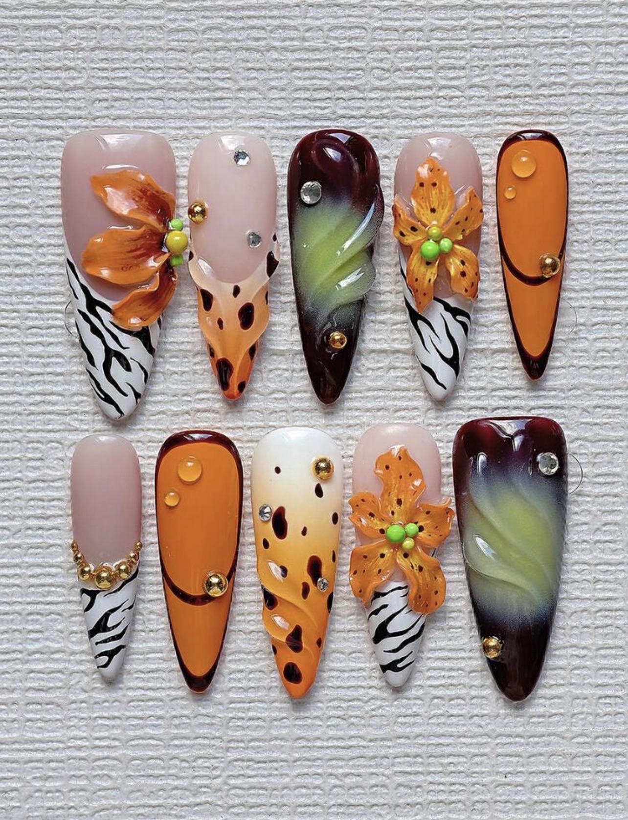 3D Handmade Floral Zebra Print Press On Nails Set