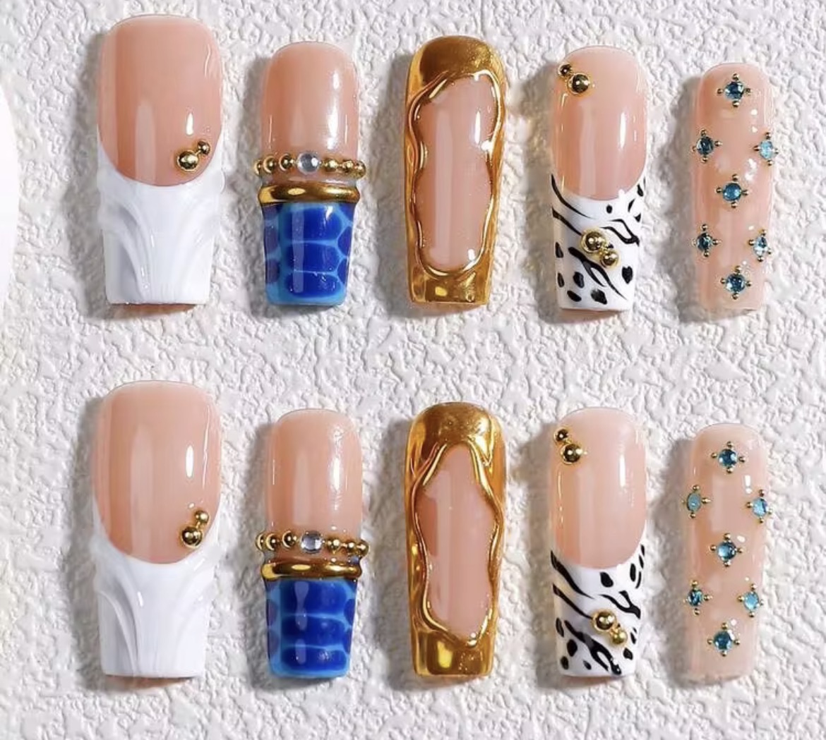 3D Handmade Luxury Press On Nails Set with Gold and Blue Accents