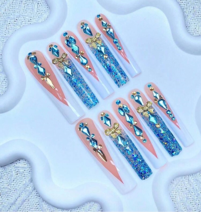 3D Hand Made Blue Glitter Rhinestone Press On Nails XXL