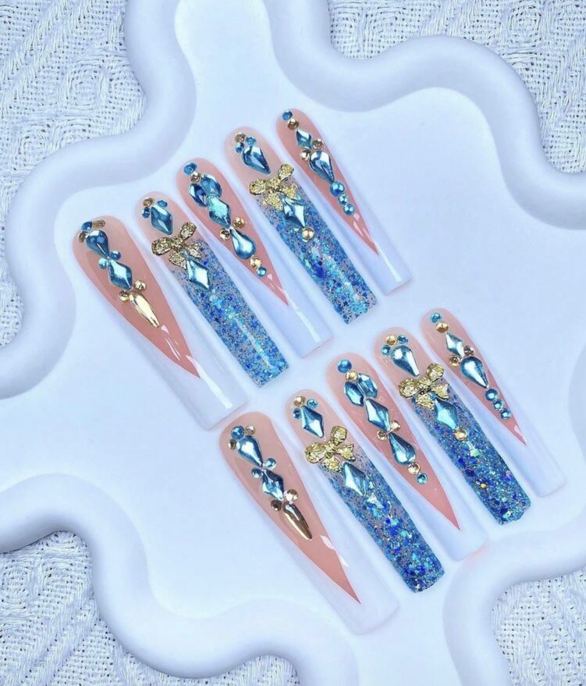 3D Hand Made Blue Glitter Rhinestone Press On Nails XXL