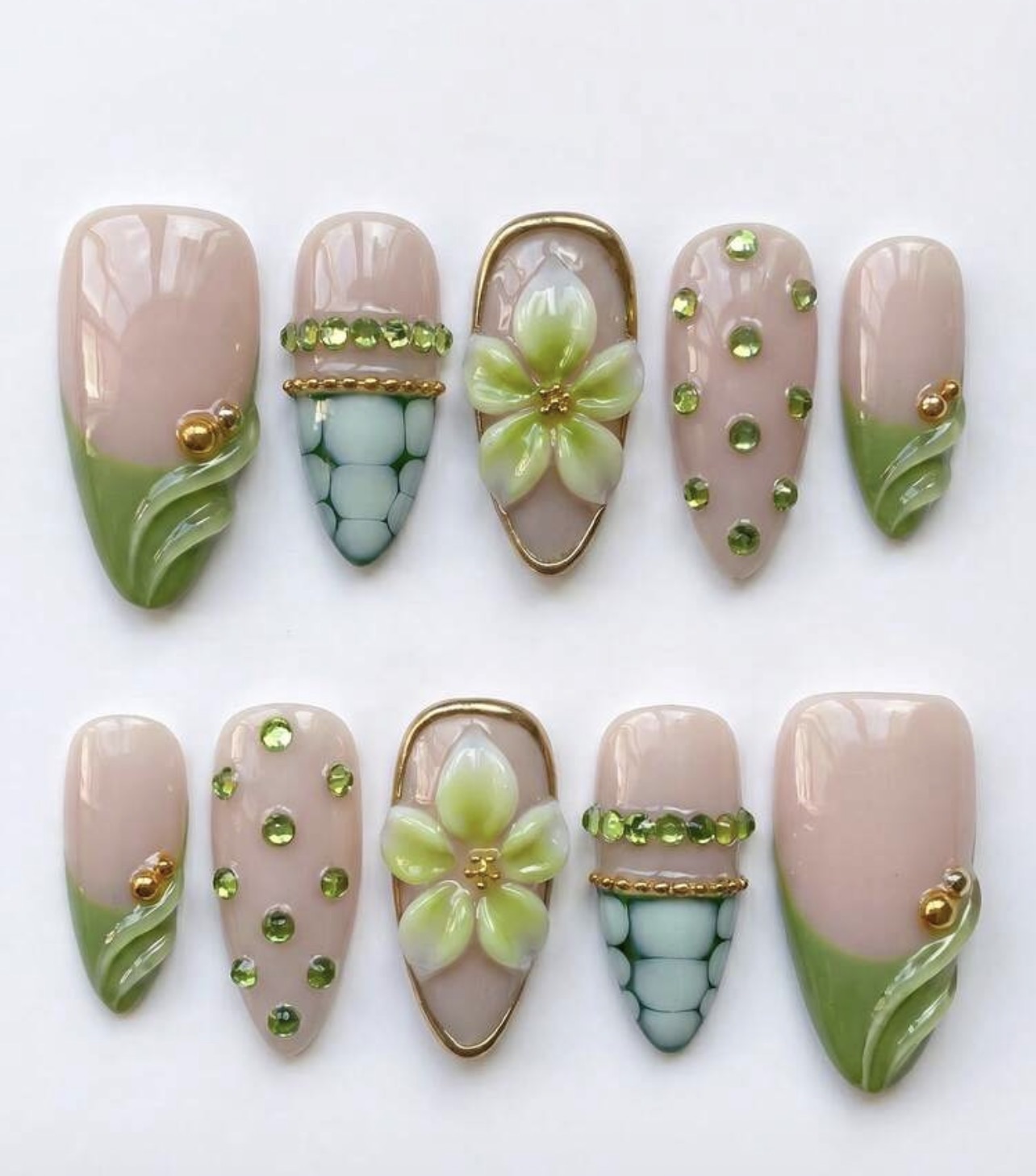 3D Handmade Green Floral Embellished Press On Nails