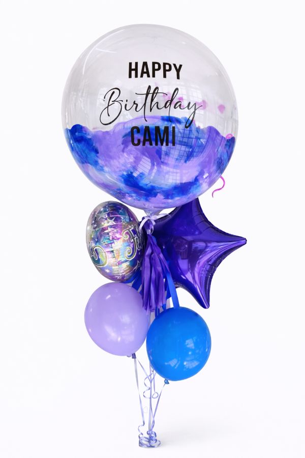 Bouquet Galaxy Bubble. Arreglo de globos de cumpleaños personalizado e inflado con helio para mujer.