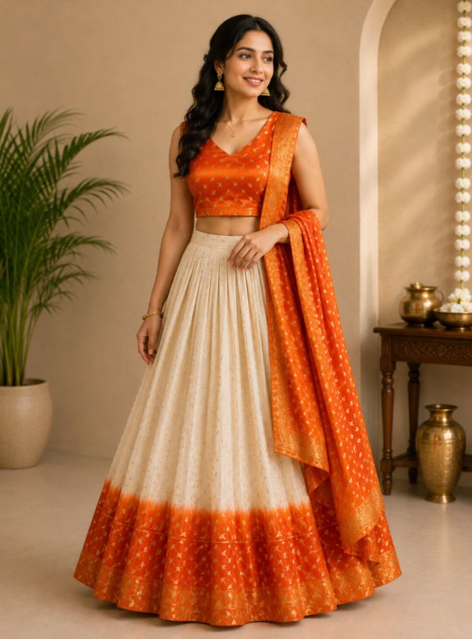 LADIES DHAVANI - CREAM WITH ORANGE