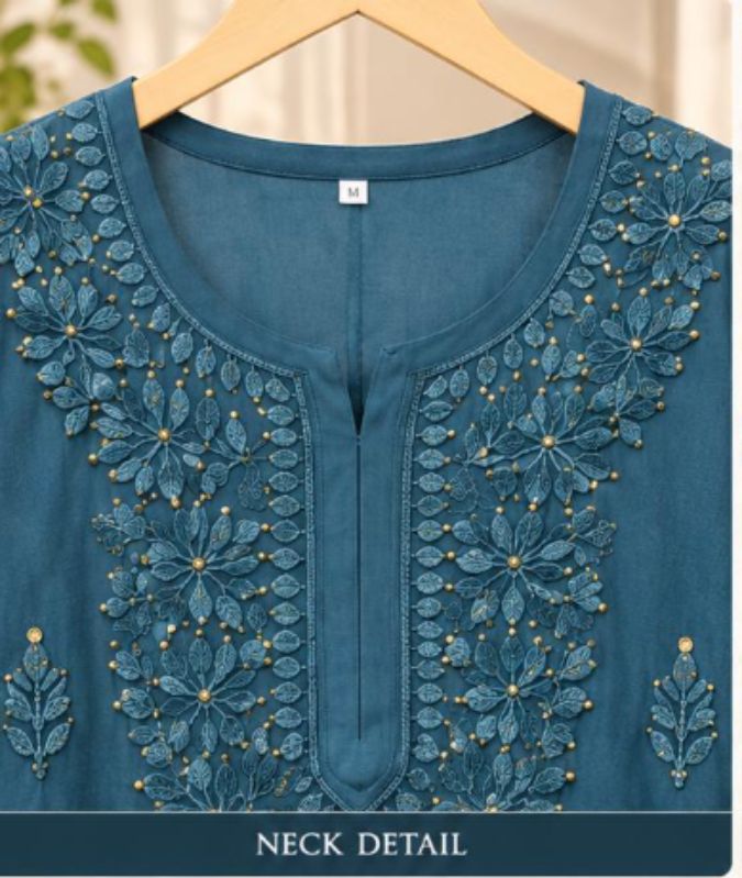 TEAL BLUE VISCOSE CHIKANKARI