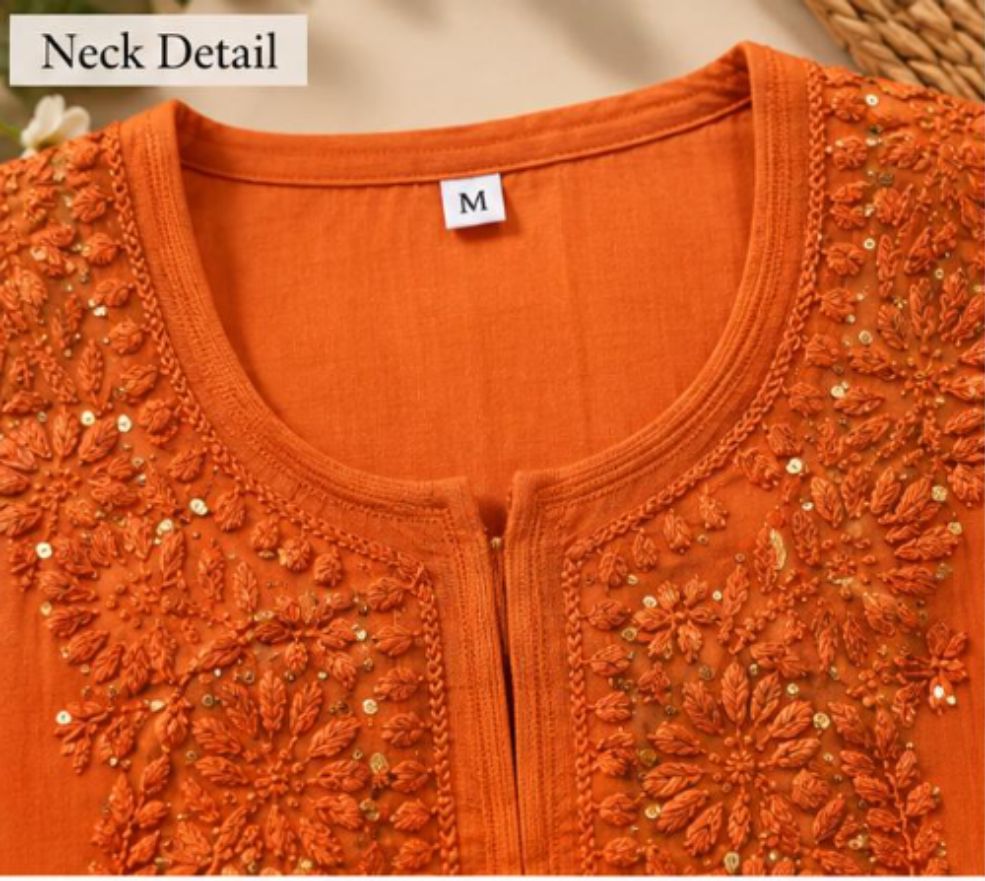 ORANGE COLORED VISCOSE CHIKANKARI