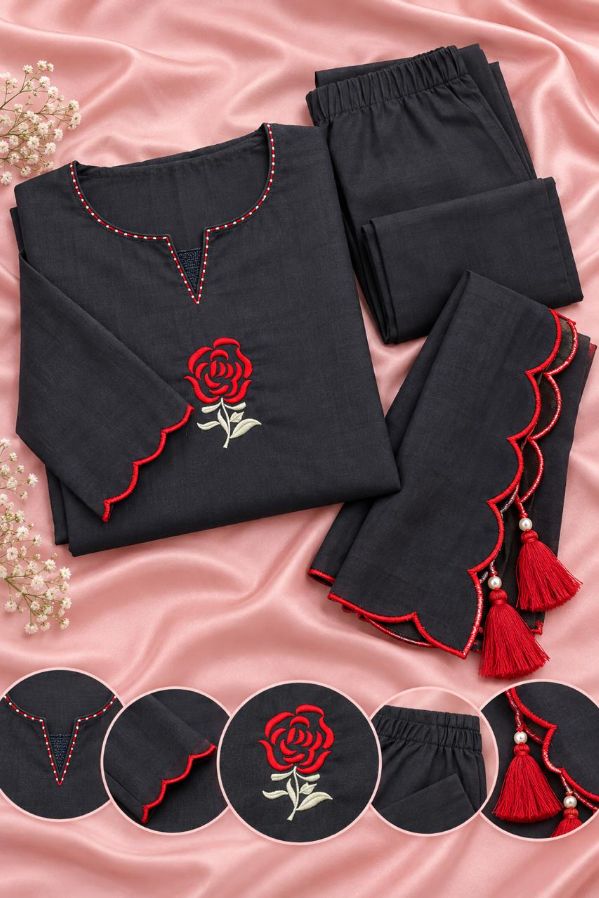 Black 3 PC Set with Red Floral Embroidery