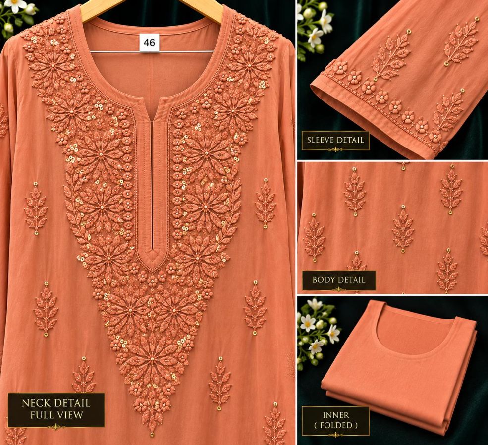 PEACH COLORED VISCOSE CHIKANKARI (PD-0017)