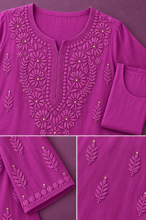 RANI PINK VISCOSE CHIKANKARI WITH MUKAISH WORK
